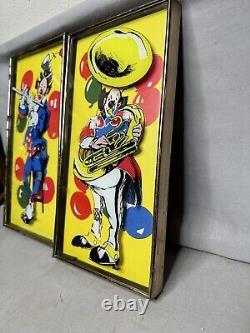 Pair of Vintage Reverse Painting On Glass Circus Clowns Signed