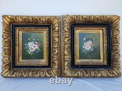 Pair of Vintage Signed 8x10 Homer Oil Paintings of Still-Life Flowers Bouquets