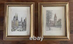 Pair of Vtg Colored Etching Prints Big Ben St. Paul's London Signed Gold Frames