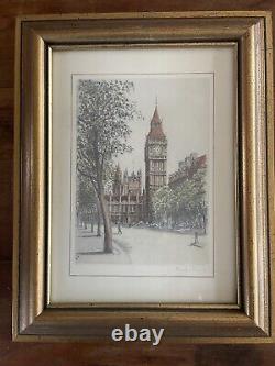 Pair of Vtg Colored Etching Prints Big Ben St. Paul's London Signed Gold Frames