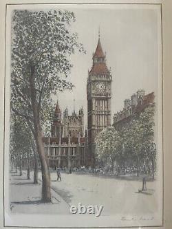 Pair of Vtg Colored Etching Prints Big Ben St. Paul's London Signed Gold Frames