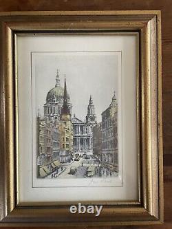 Pair of Vtg Colored Etching Prints Big Ben St. Paul's London Signed Gold Frames