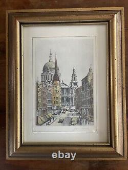 Pair of Vtg Colored Etching Prints Big Ben St. Paul's London Signed Gold Frames