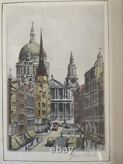 Pair of Vtg Colored Etching Prints Big Ben St. Paul's London Signed Gold Frames