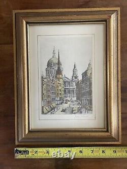 Pair of Vtg Colored Etching Prints Big Ben St. Paul's London Signed Gold Frames