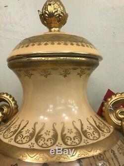 Pair of Yellow Porcelain 24k Gilded Accented Vases, Signed
