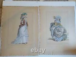 Pair of antique 1700's French engraved fashion plates prints Hand-painted