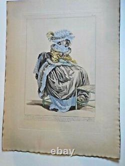 Pair of antique 1700's French engraved fashion plates prints Hand-painted