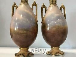 Pair of antique Crown Devon hand painted gilt handles vases, signed by R. Hinton