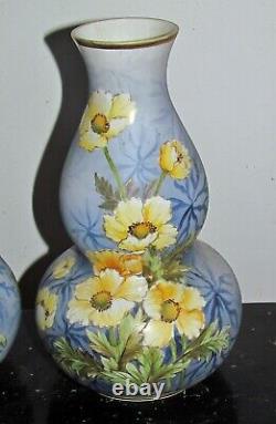 Pair of antique Nippon gourd shaped vases hand painted flowers with gold signed