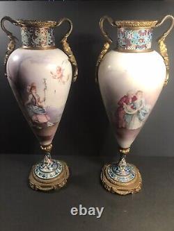 Pair of antique Sevres porcelain urns/Vase/Signed/France C. 1910/Bronze Cloisonné