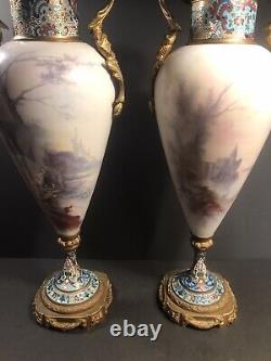 Pair of antique Sevres porcelain urns/Vase/Signed/France C. 1910/Bronze Cloisonné