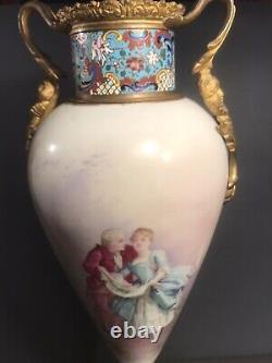 Pair of antique Sevres porcelain urns/Vase/Signed/France C. 1910/Bronze Cloisonné