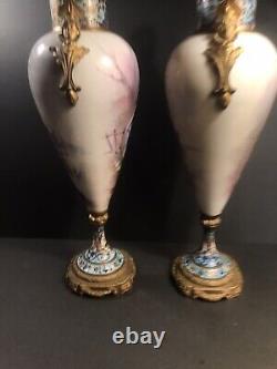 Pair of antique Sevres porcelain urns/Vase/Signed/France C. 1910/Bronze Cloisonné