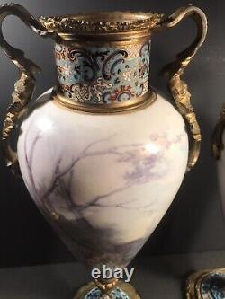 Pair of antique Sevres porcelain urns/Vase/Signed/France C. 1910/Bronze Cloisonné