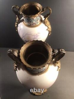 Pair of antique Sevres porcelain urns/Vase/Signed/France C. 1910/Bronze Cloisonné