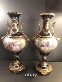 Pair of antique Sevres porcelain urns/Vase/Signed/Gilt bronze/France 1900/Collot