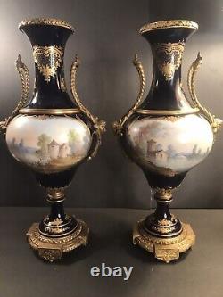 Pair of antique Sevres porcelain urns/Vase/Signed/Gilt bronze/France 1900/Collot