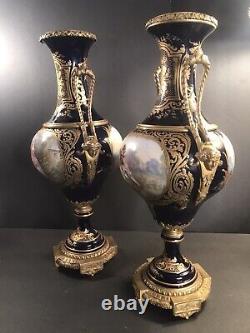 Pair of antique Sevres porcelain urns/Vase/Signed/Gilt bronze/France 1900/Collot