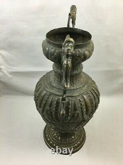 Pair of antique embossed brass vase urn angel handle XIXth signed Chabov Alyon