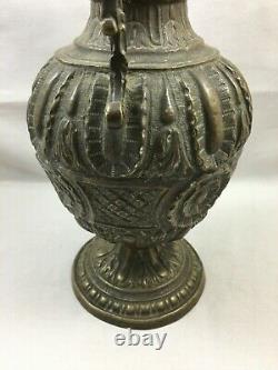 Pair of antique embossed brass vase urn angel handle XIXth signed Chabov Alyon
