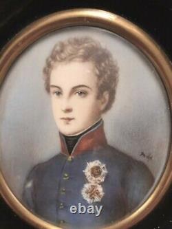 Pair of antique miniature portrait paintings of a young lady & young man