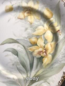 Pair of antique porcelain plate/Limoges/Signed/Flowers/daffodils/France1900/Gold
