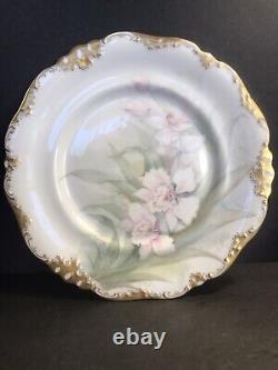 Pair of antique porcelain plate/Limoges/Signed/Flowers/orchids/France1900/Gold