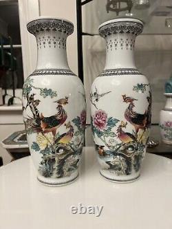 Pair of chinese republic egg porcelain signed hand painted famille rose vases