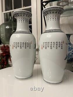 Pair of chinese republic egg porcelain signed hand painted famille rose vases