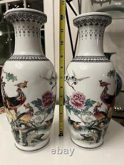 Pair of chinese republic egg porcelain signed hand painted famille rose vases