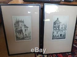 Pair of ebonised framed signed F Robson antique etchings of Oxford