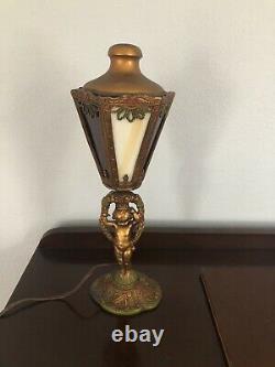 Pair of gold gilt cherub putti slag glass lantern style lamps Stunning! Signed