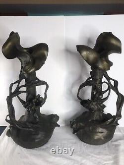 Pair of large antique metal vase/Art Nouveau/Lilies flowers/France C. 1910/Signed