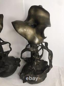 Pair of large antique metal vase/Art Nouveau/Lilies flowers/France C. 1910/Signed