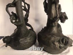 Pair of large antique metal vase/Art Nouveau/Lilies flowers/France C. 1910/Signed