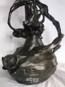 Pair of large antique metal vase/Art Nouveau/Lilies flowers/France C. 1910/Signed