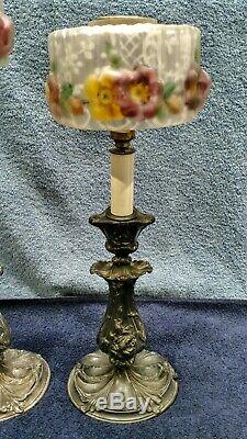 Pair of matched signed Pairpoint reverse painted puffy antique lamp Silverplate