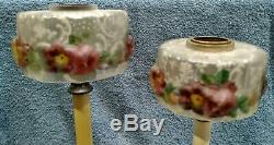 Pair of matched signed Pairpoint reverse painted puffy antique lamp Silverplate