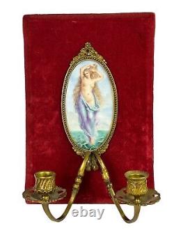 Pair rare antique French Limoges porcelain sconces hand painted signed Nude 1880