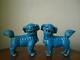 Pair Signed Chinese Monochrome Blue Turquoise Glazed Lion Dog Standing Figurine