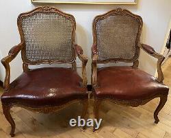 Pair signed Maison Gouffe Paris Louis XV Arm Chairs 1930's Leather Cane Walnut