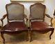 Pair Signed Maison Gouffe Paris Louis Xv Arm Chairs 1930's Leather Cane Walnut