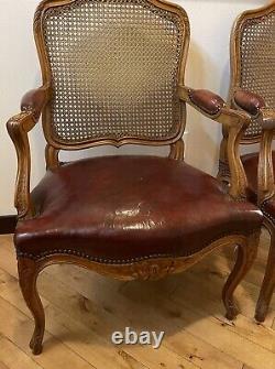 Pair signed Maison Gouffe Paris Louis XV Arm Chairs 1930's Leather Cane Walnut