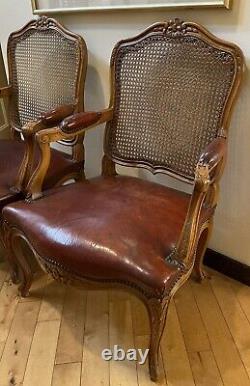 Pair signed Maison Gouffe Paris Louis XV Arm Chairs 1930's Leather Cane Walnut