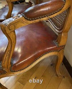 Pair signed Maison Gouffe Paris Louis XV Arm Chairs 1930's Leather Cane Walnut