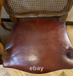 Pair signed Maison Gouffe Paris Louis XV Arm Chairs 1930's Leather Cane Walnut