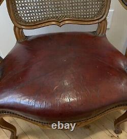 Pair signed Maison Gouffe Paris Louis XV Arm Chairs 1930's Leather Cane Walnut