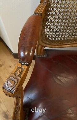 Pair signed Maison Gouffe Paris Louis XV Arm Chairs 1930's Leather Cane Walnut