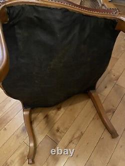 Pair signed Maison Gouffe Paris Louis XV Arm Chairs 1930's Leather Cane Walnut